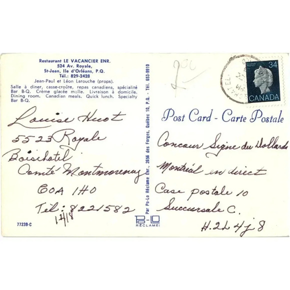 Restaurant Le Vacancier Enr. 524 Av. Royale, St-Jean, Ile D'orléans P.Q Postcard - Picture 2 of 2